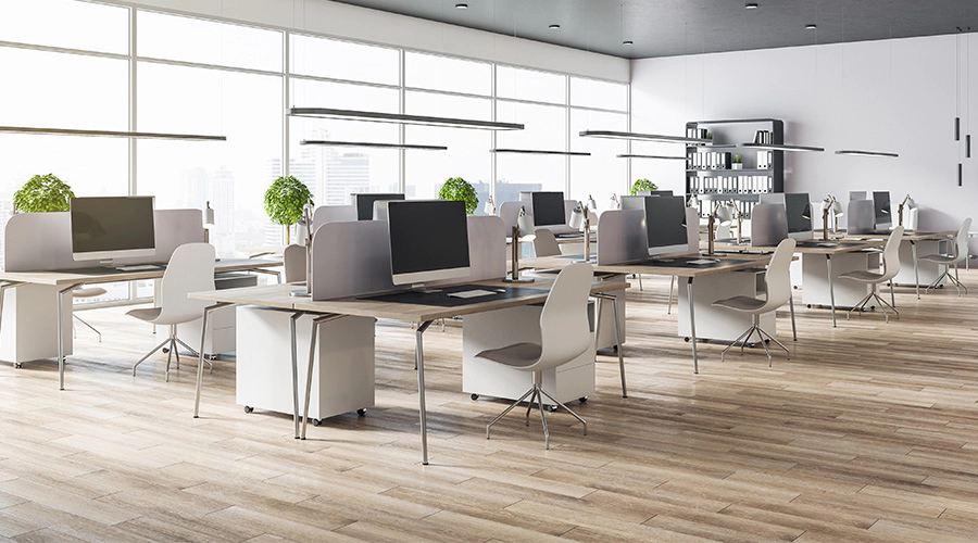 modern desk area in office with light wood floors arlington tx